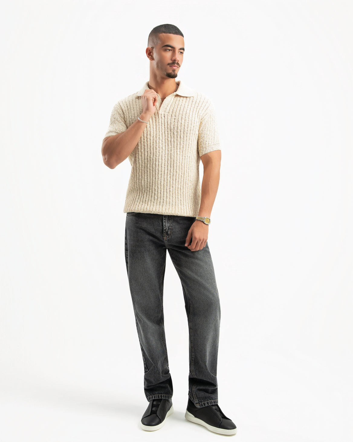BEIGE RIBBED KNIT POLO