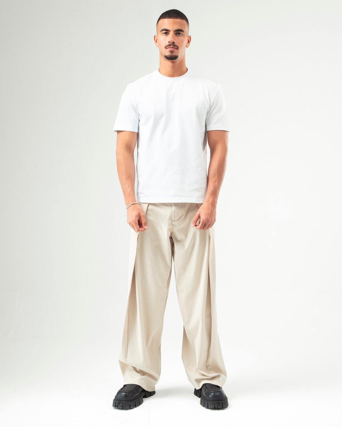 Beige Wide Leg Pleated Pants