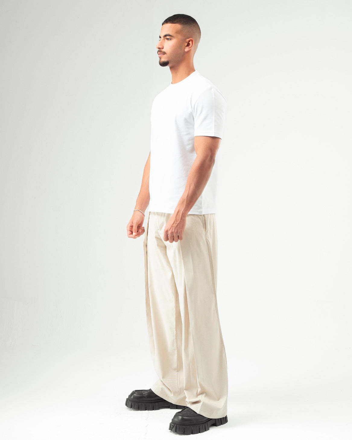 Beige Wide Leg Pleated Pants