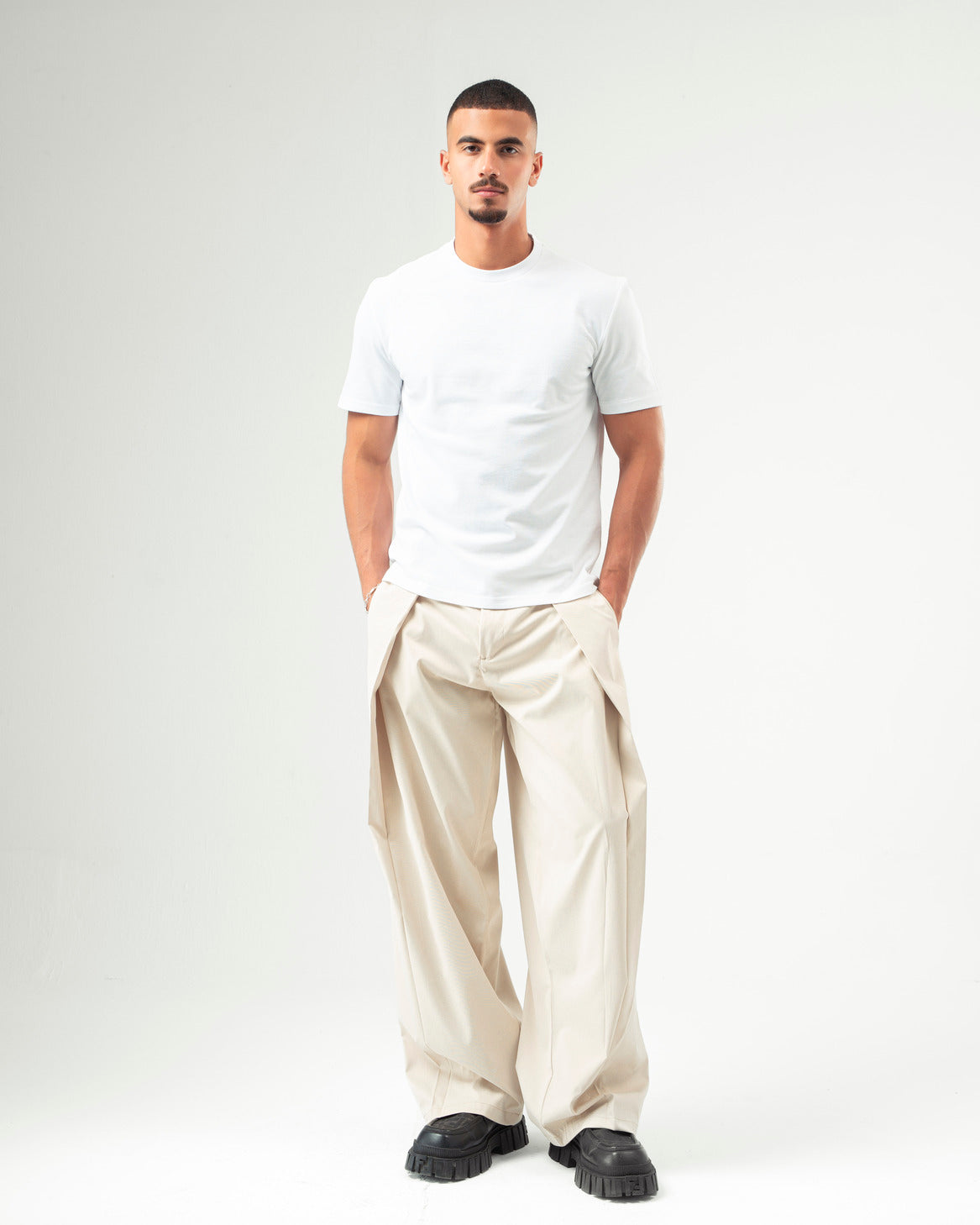 Beige Wide Leg Pleated Pants