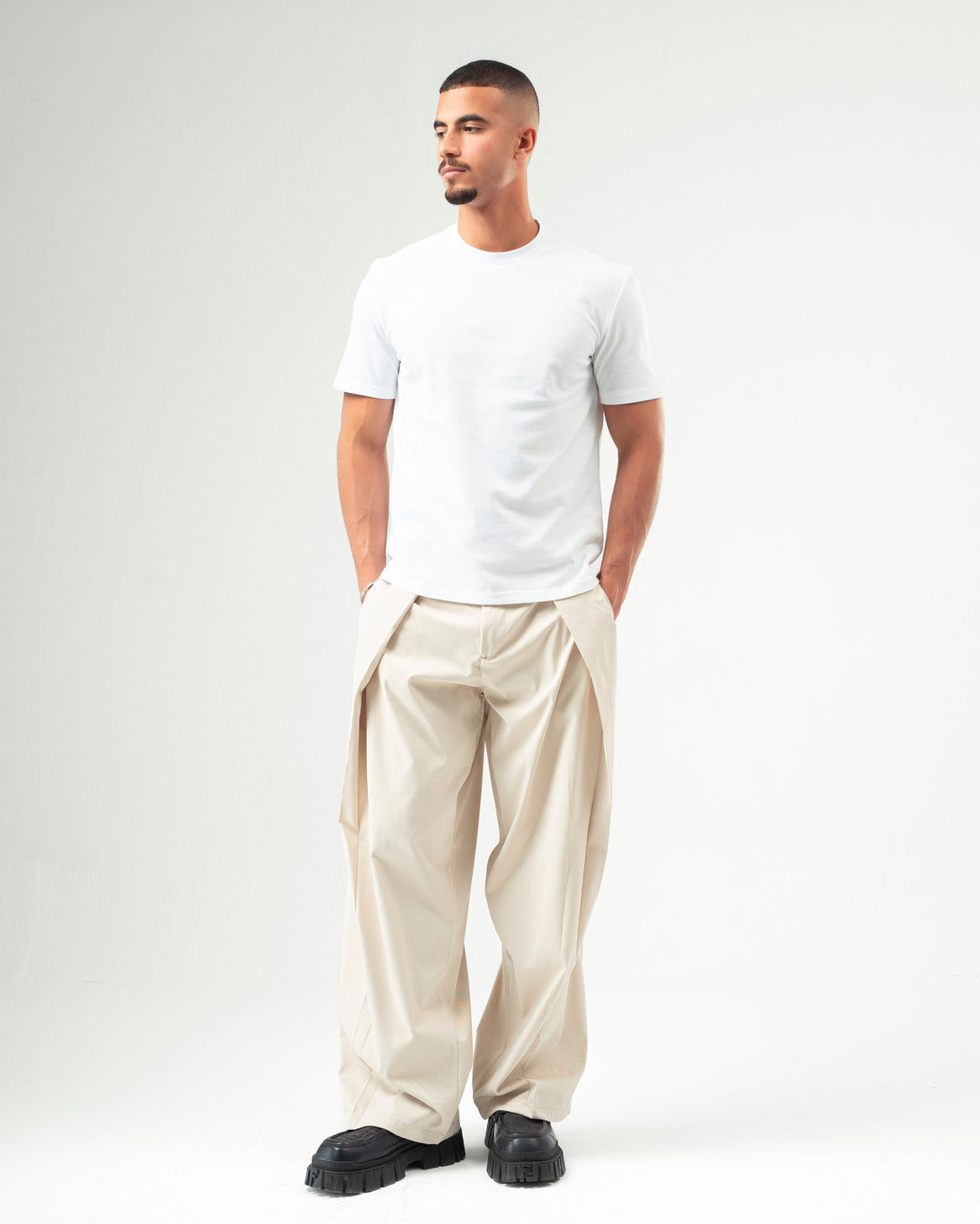 Beige Wide Leg Pleated Pants