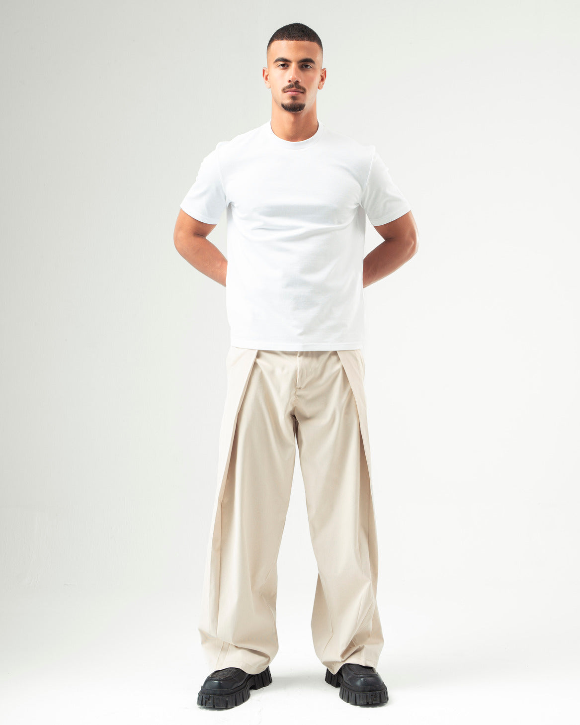 Beige Wide Leg Pleated Pants