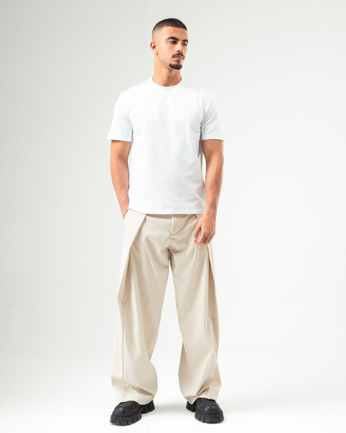Beige Wide Leg Pleated Pants