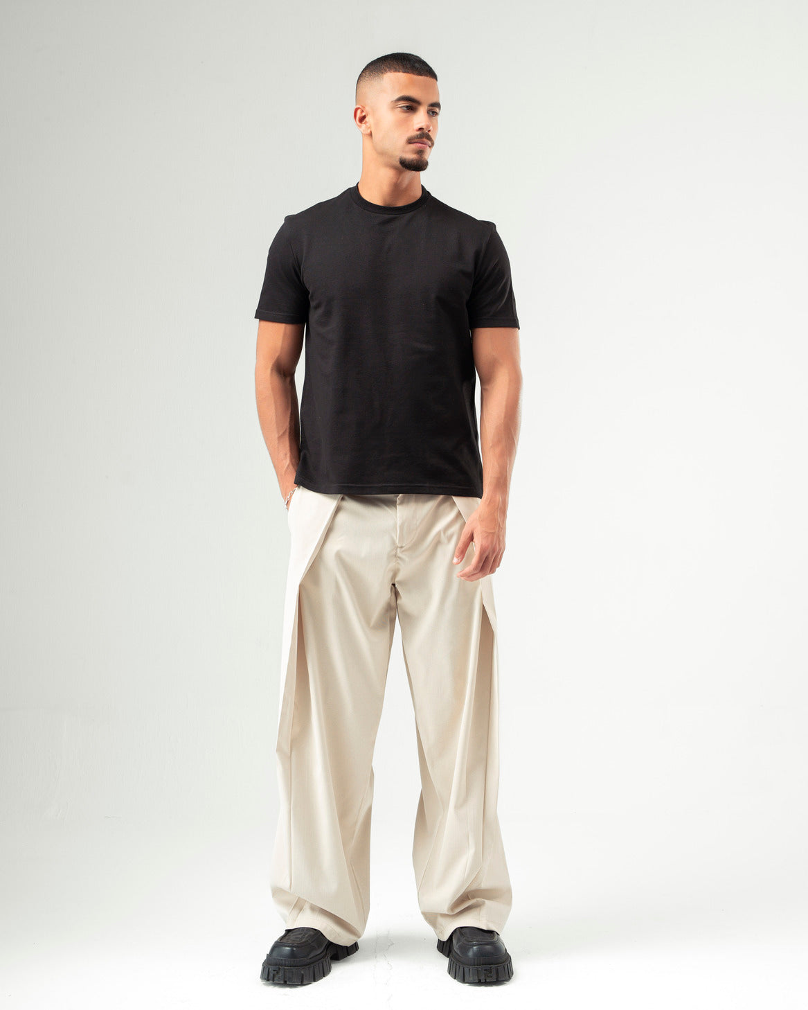 Beige Wide Leg Pleated Pants