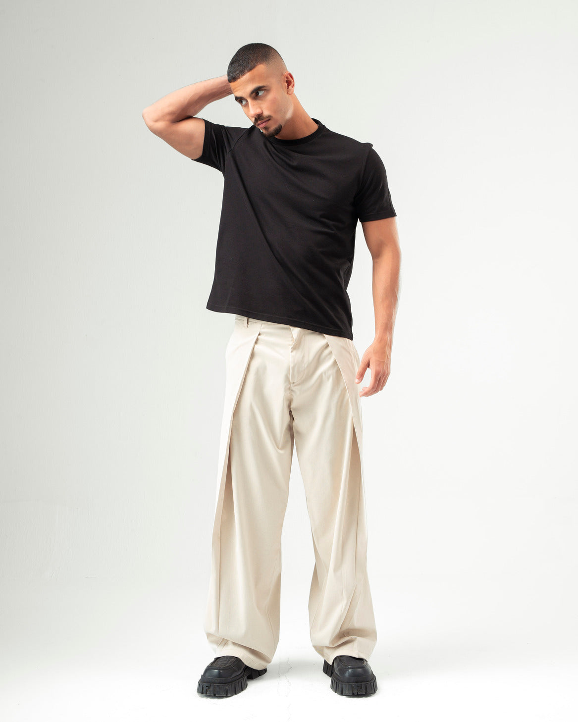 Beige Wide Leg Pleated Pants