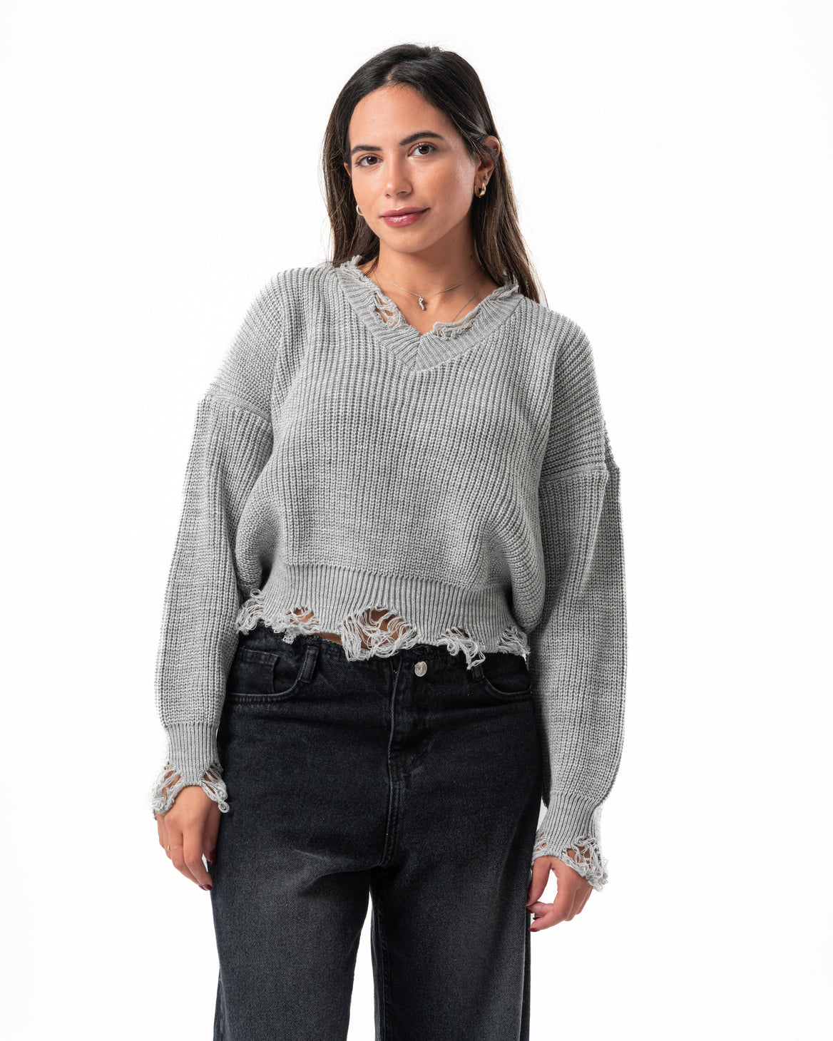 Ripped Pullover in Light Grey