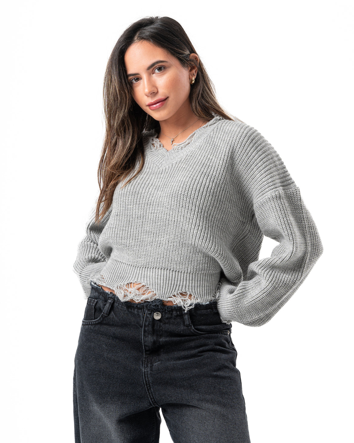 Ripped Pullover in Light Grey