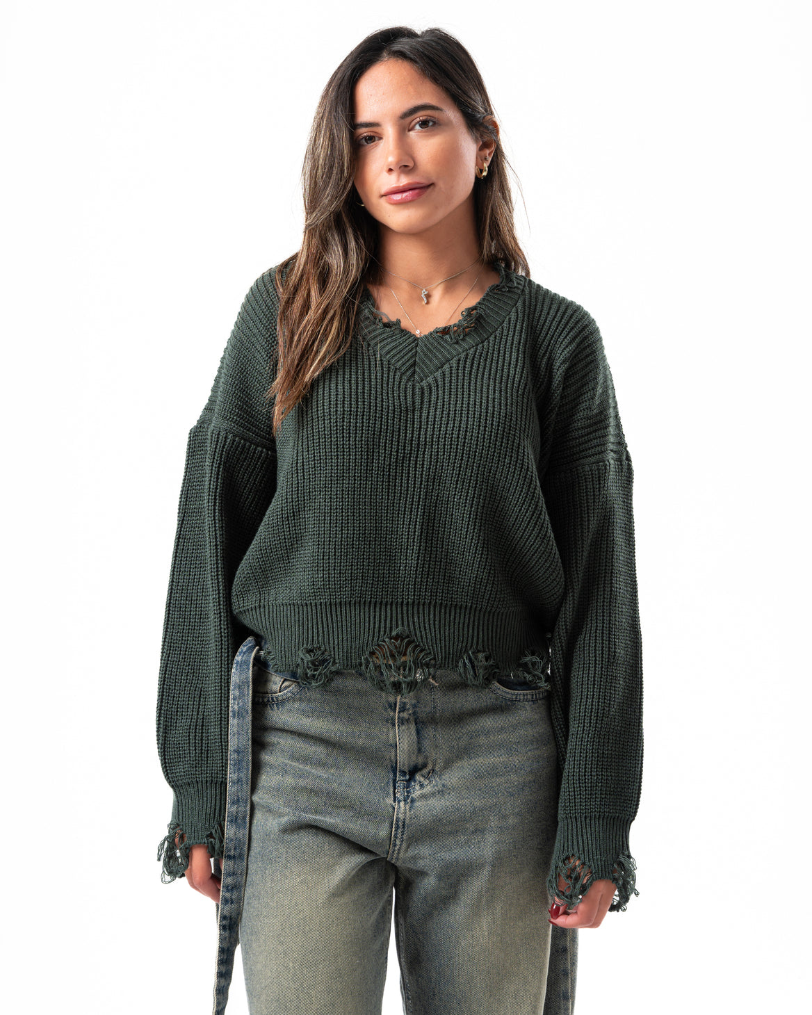 Ripped Pullover in Dark Green