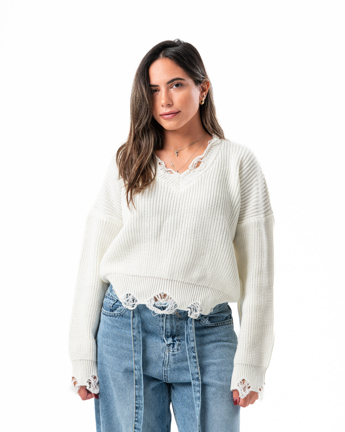 Ripped Pullover in White