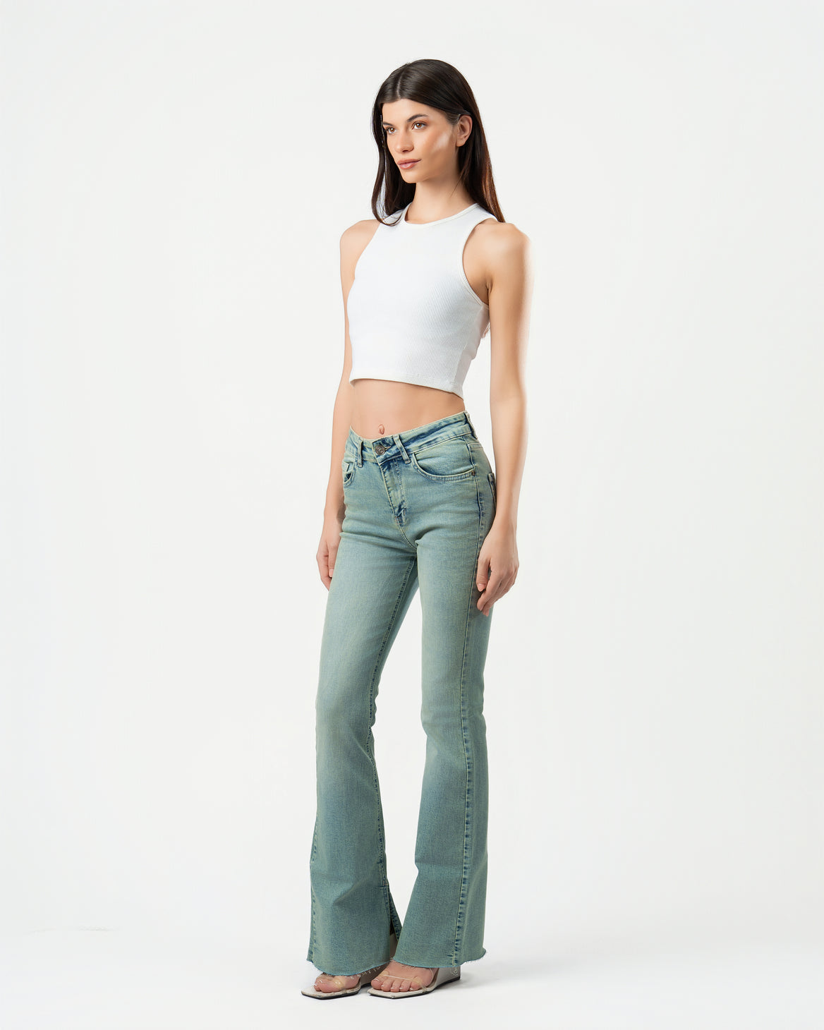 Flared Jeans in Washed Green