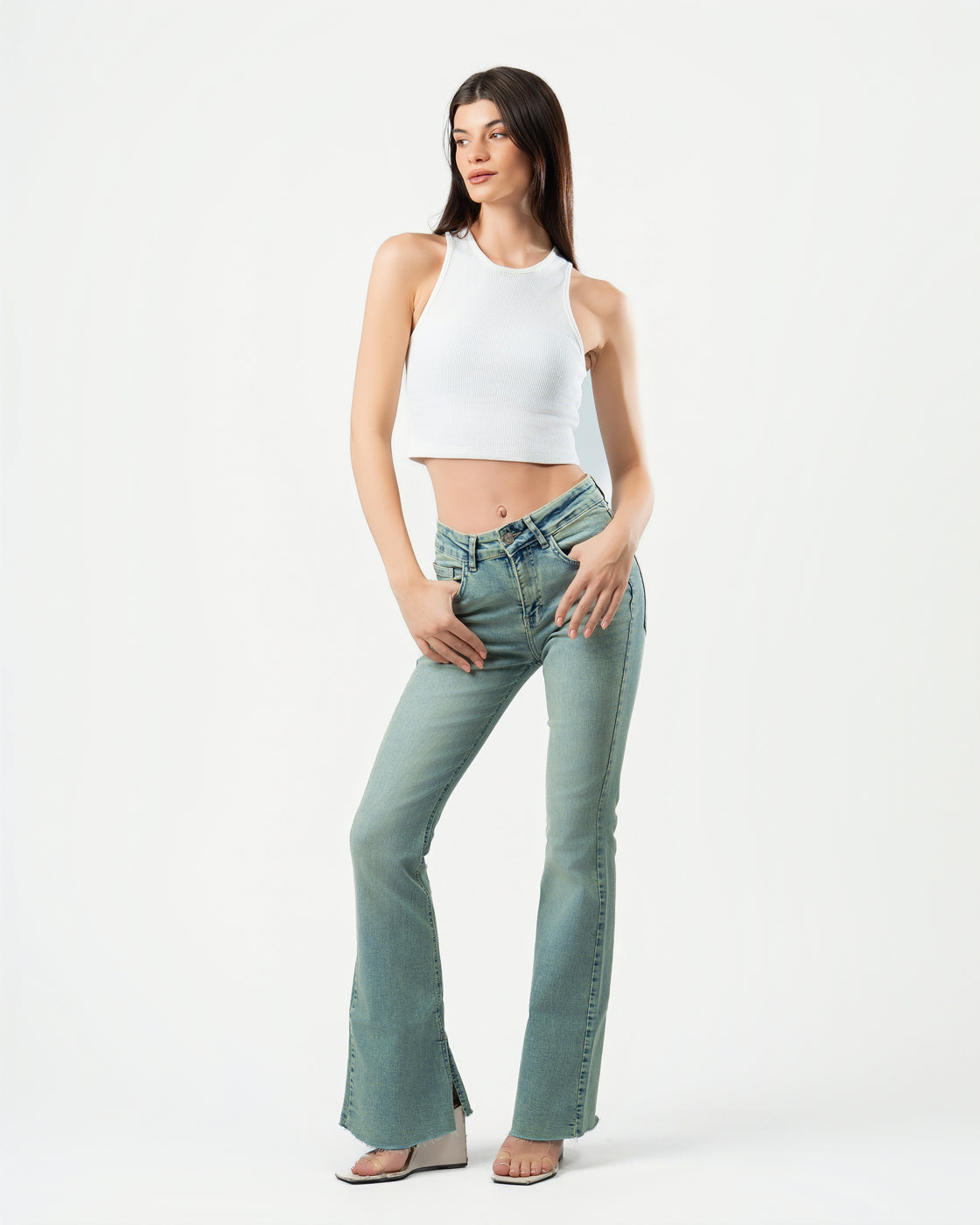 Flared Jeans in Washed Green