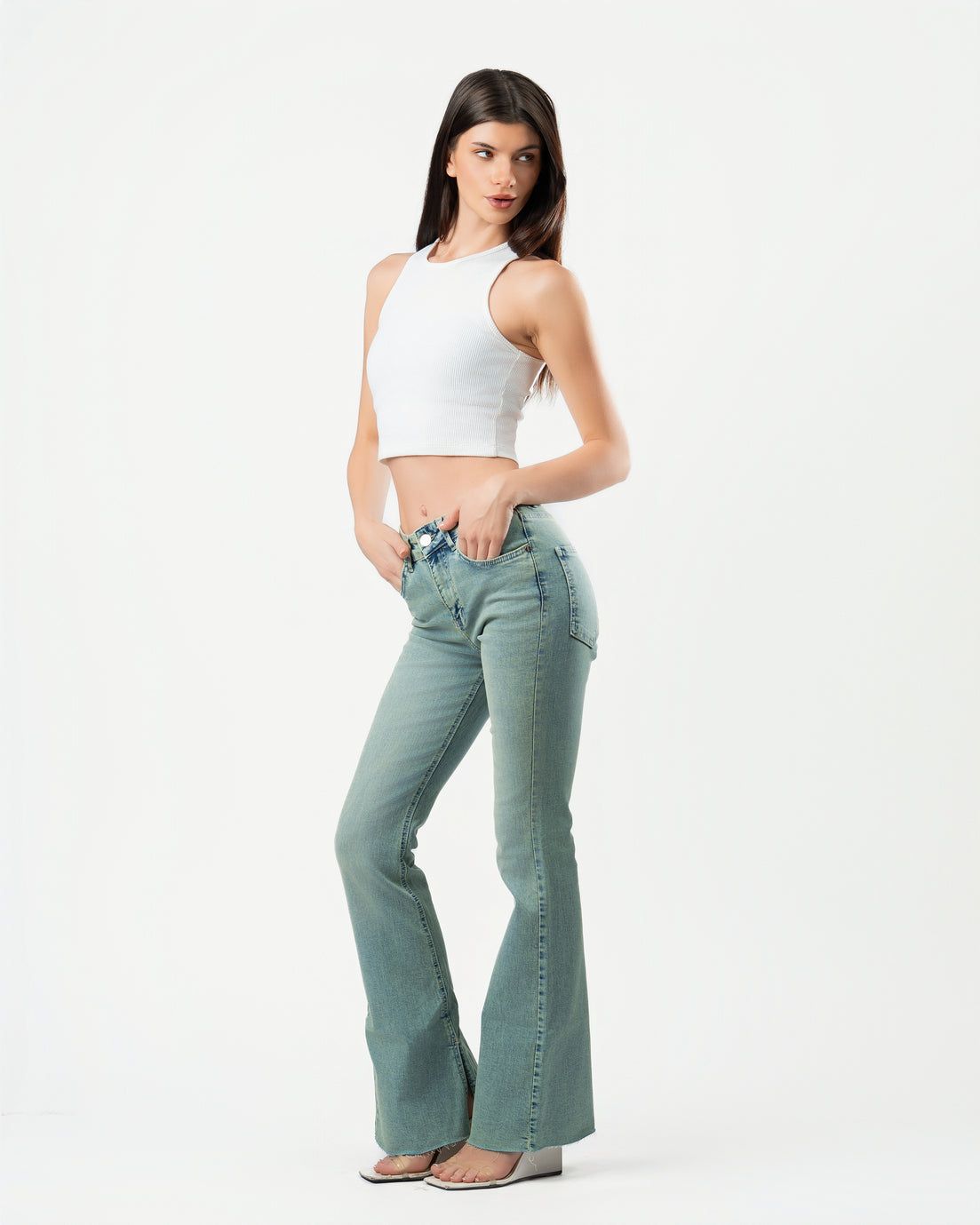 Flared Jeans in Washed Green