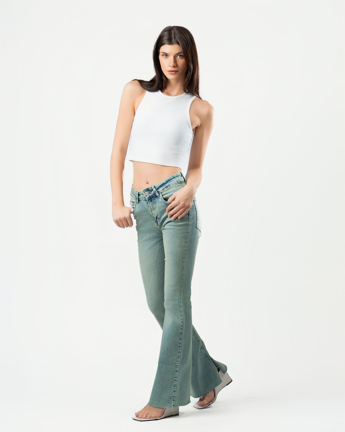 Flared Jeans in Washed Green