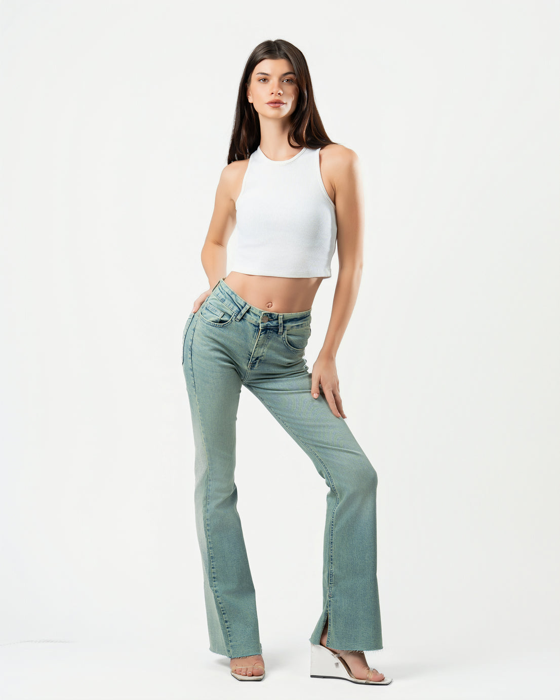 Flared Jeans in Washed Green