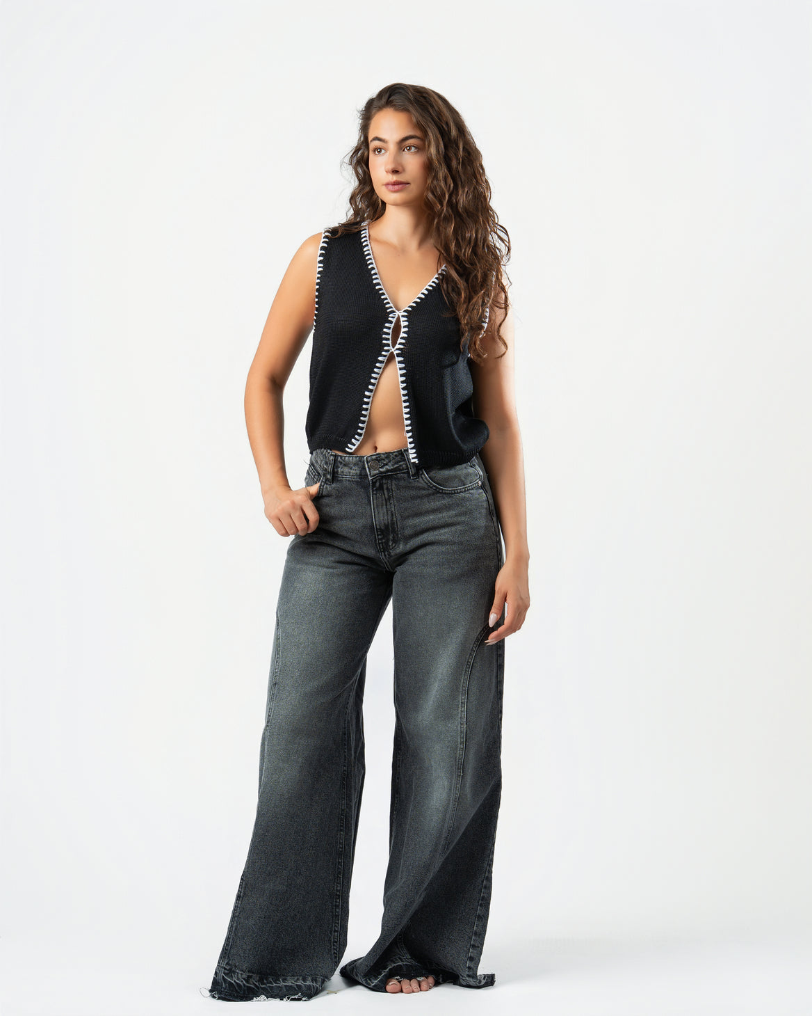 Stitched Knit Top in Black