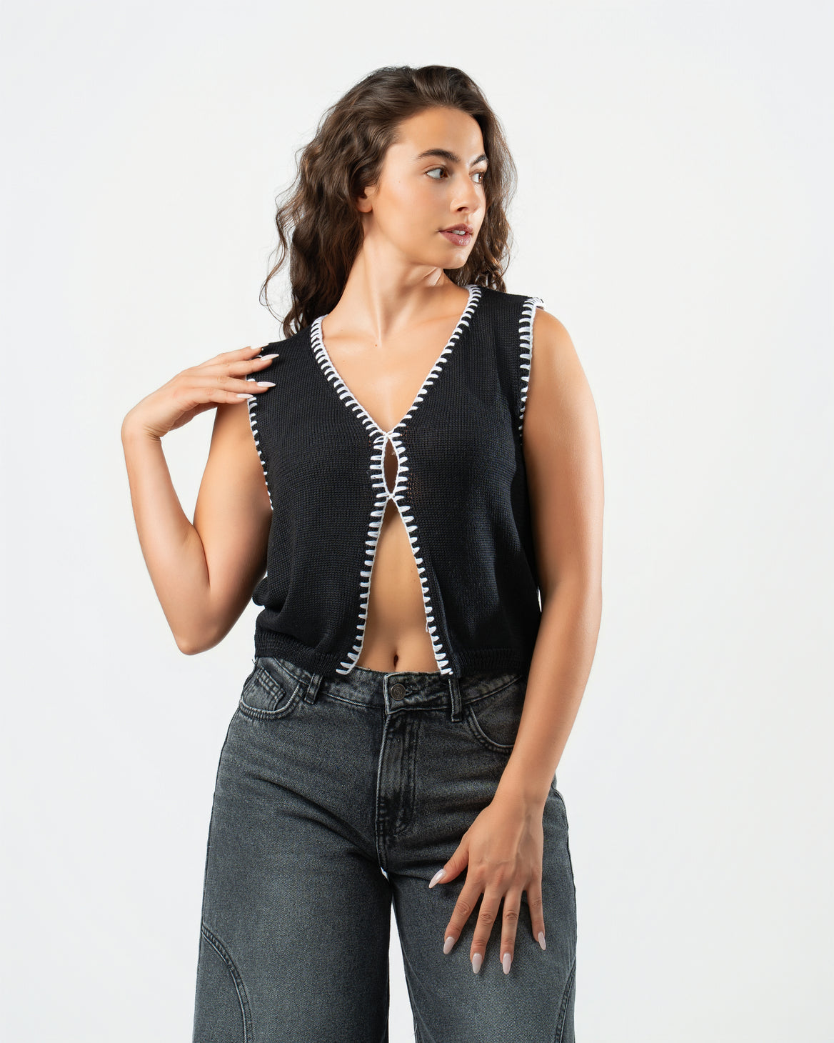 Stitched Knit Top in Black