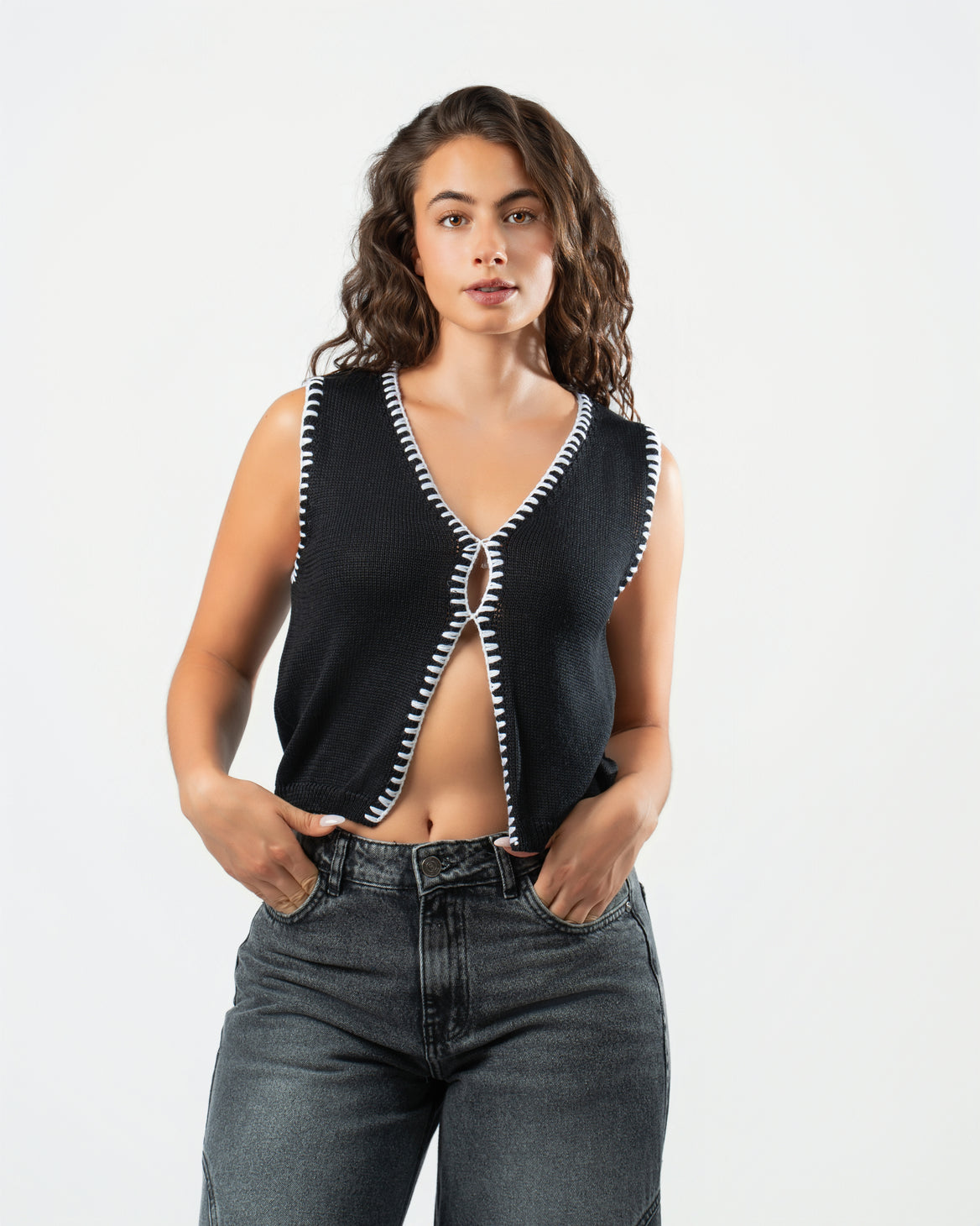 Stitched Knit Top in Black