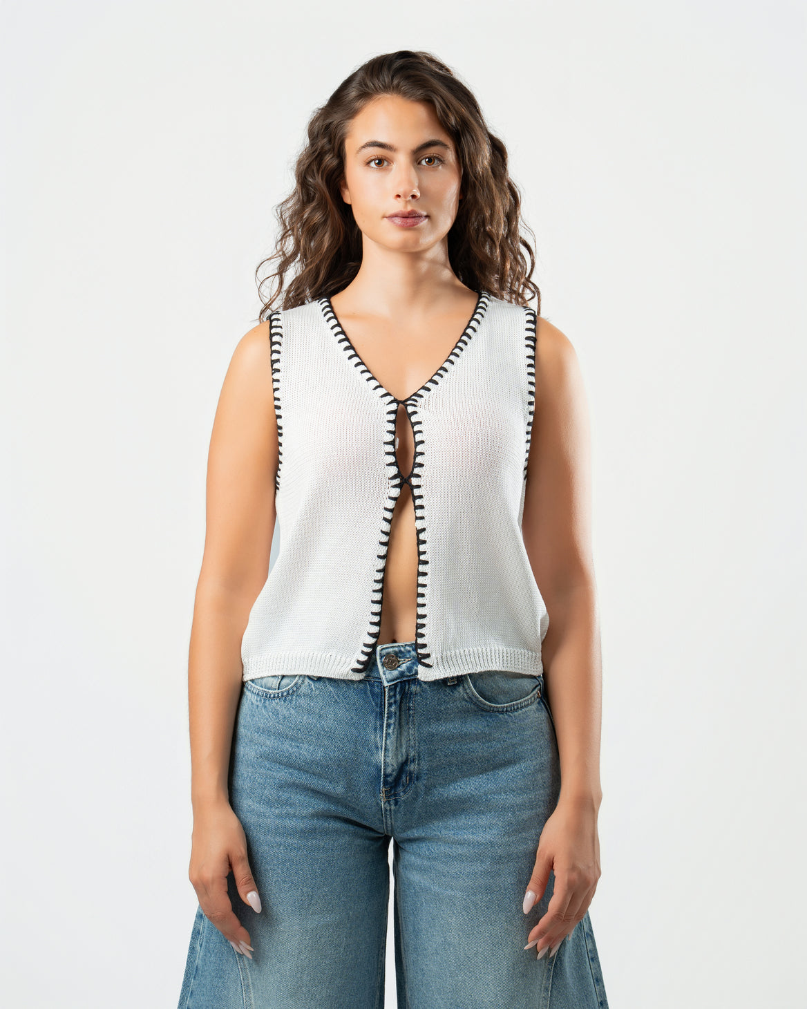 Stitched Knit Top in White