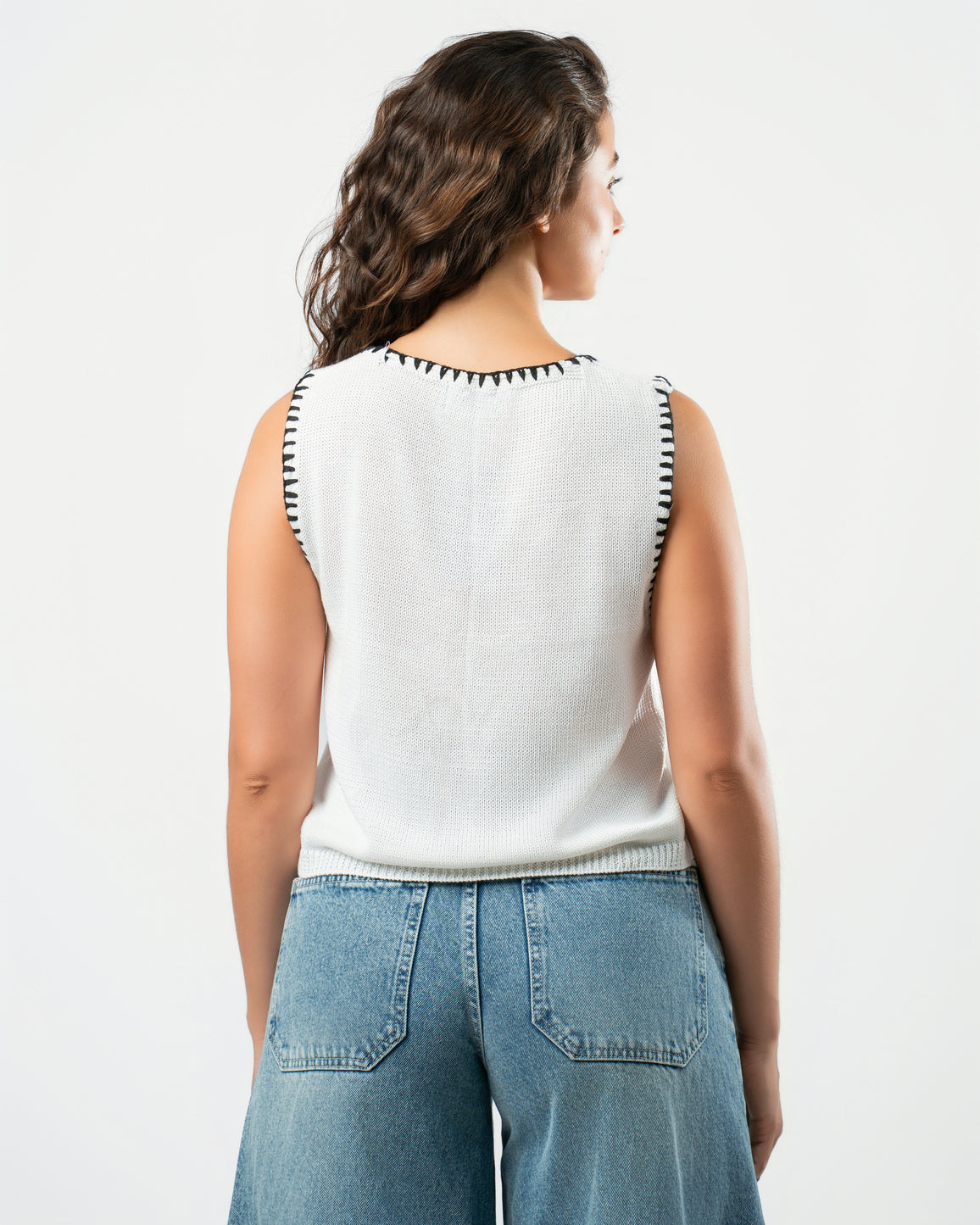 Stitched Knit Top in White