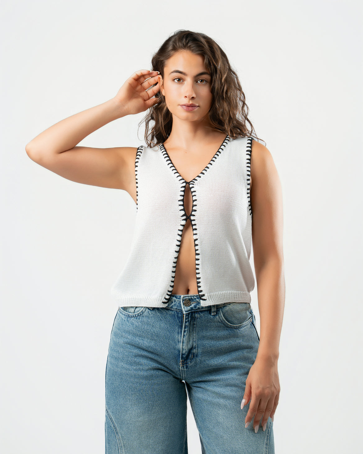 Stitched Knit Top in White