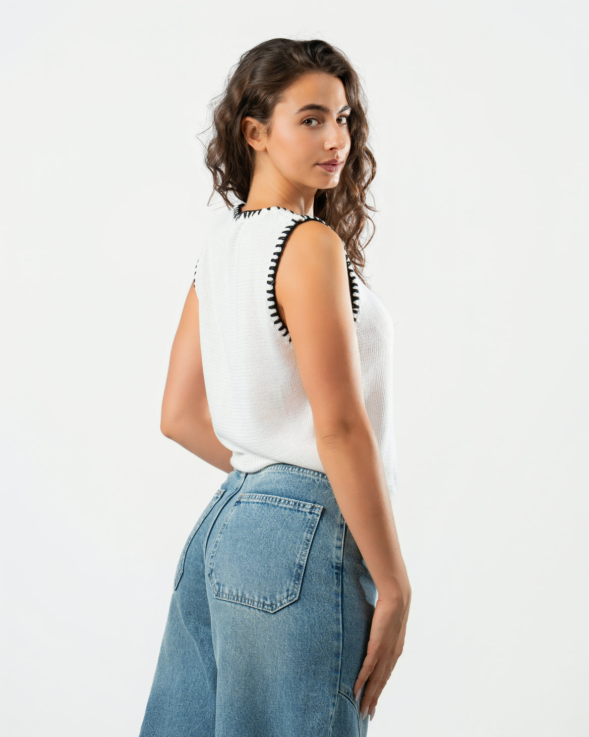 Stitched Knit Top in White