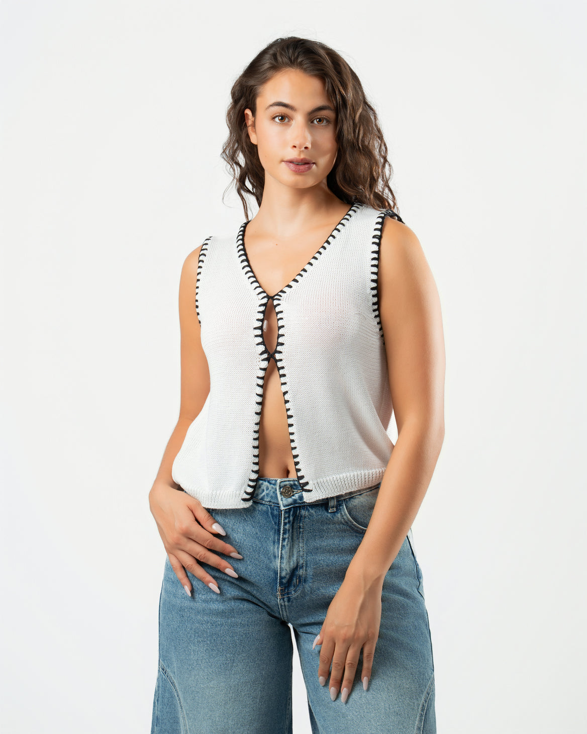Stitched Knit Top in White