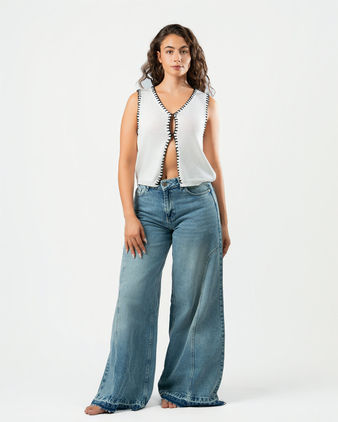 Stitched Knit Top in White