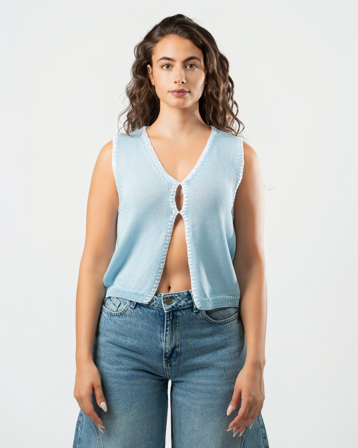 Stitched Knit Top in Sky Blue