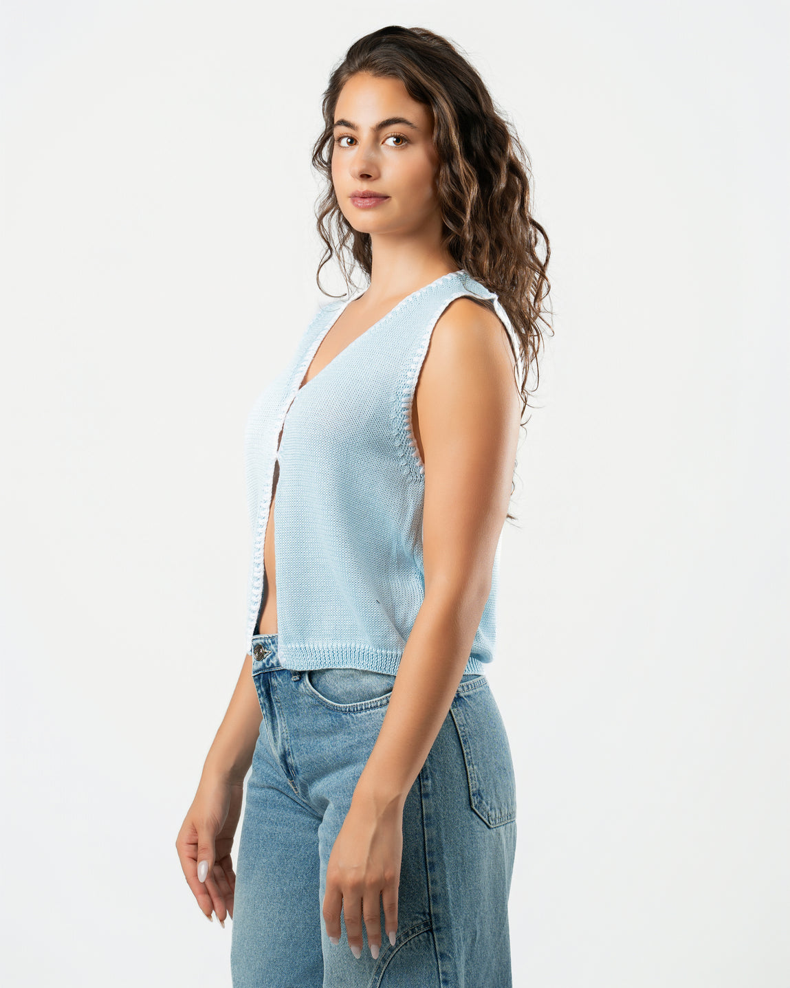Stitched Knit Top in Sky Blue