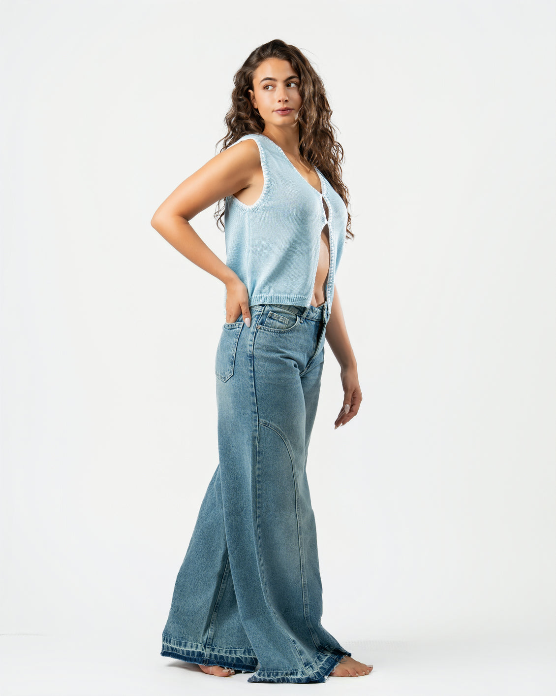 Stitched Knit Top in Sky Blue