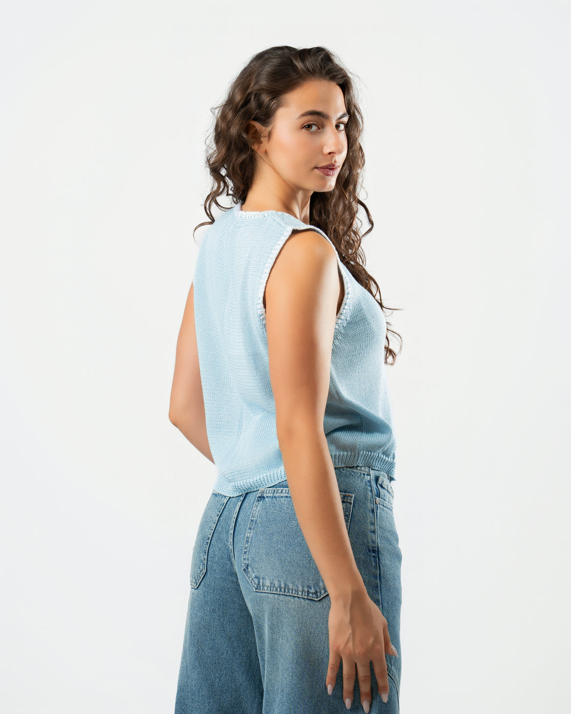 Stitched Knit Top in Sky Blue