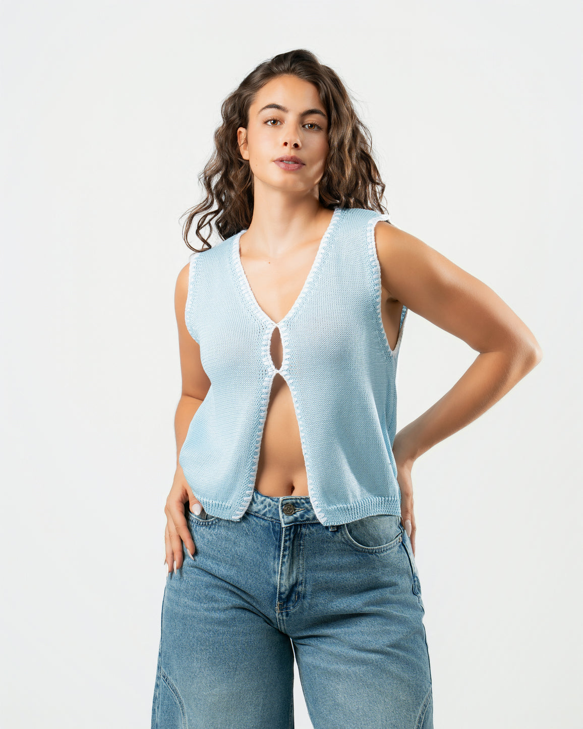 Stitched Knit Top in Sky Blue