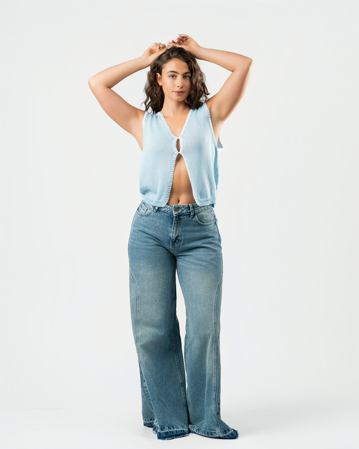 Stitched Knit Top in Sky Blue