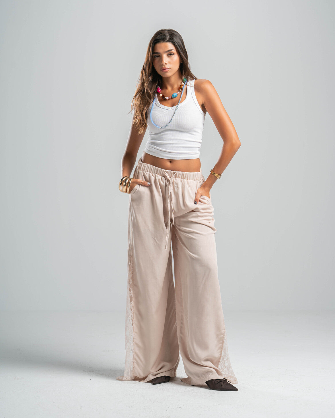 BEIGE LACE FLOW PANTS