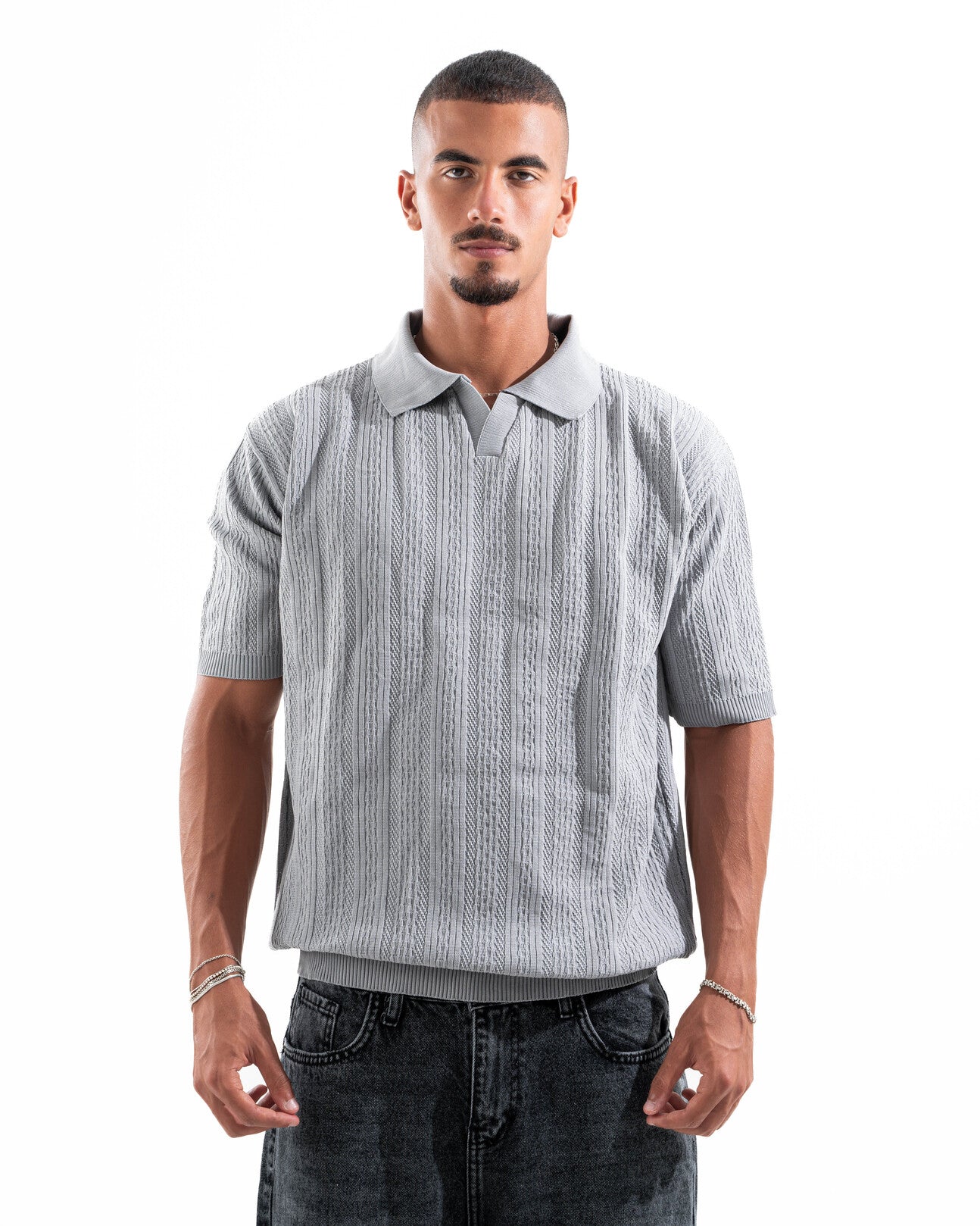 Grey Patterned Knit Polo