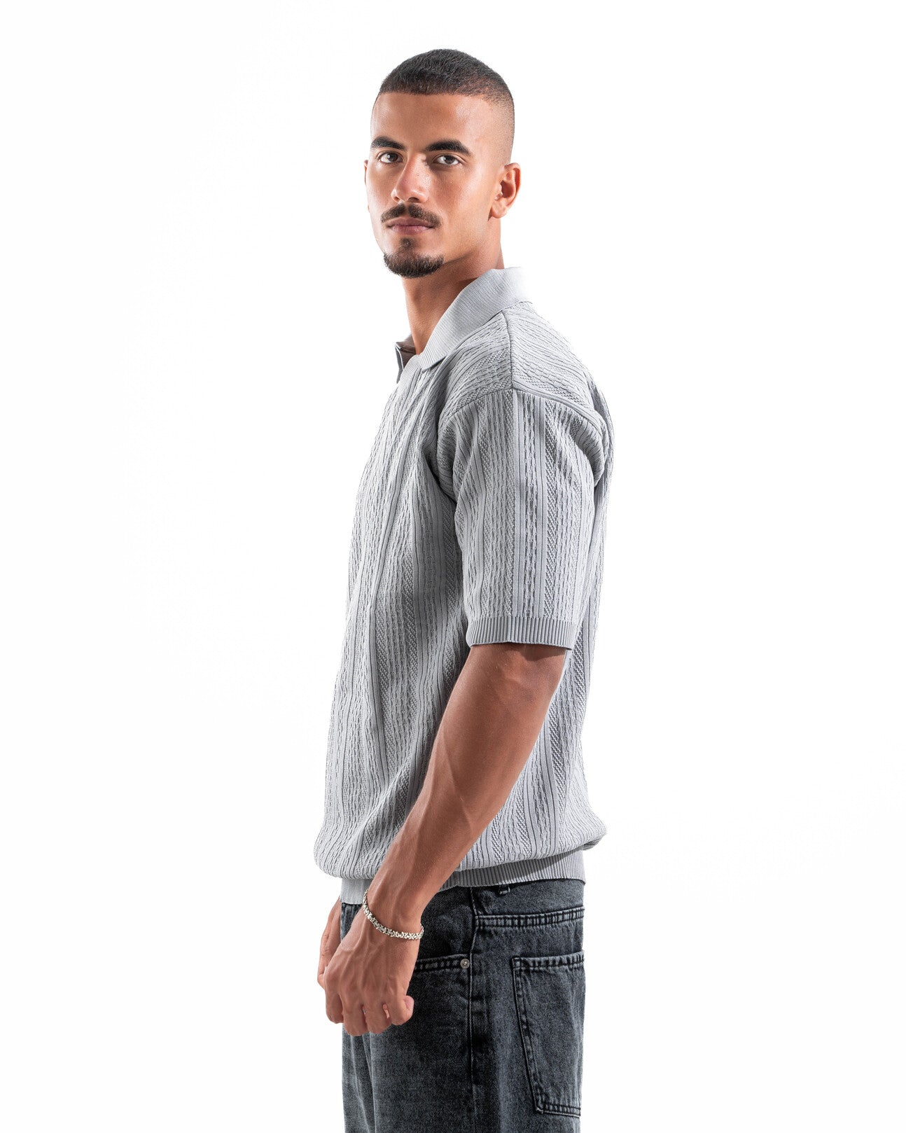 Grey Patterned Knit Polo