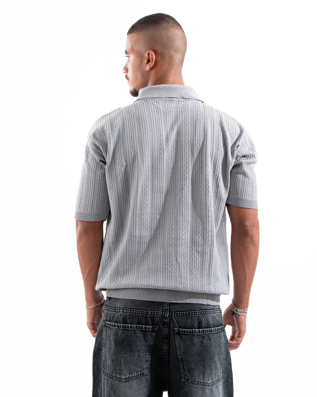 Grey Patterned Knit Polo