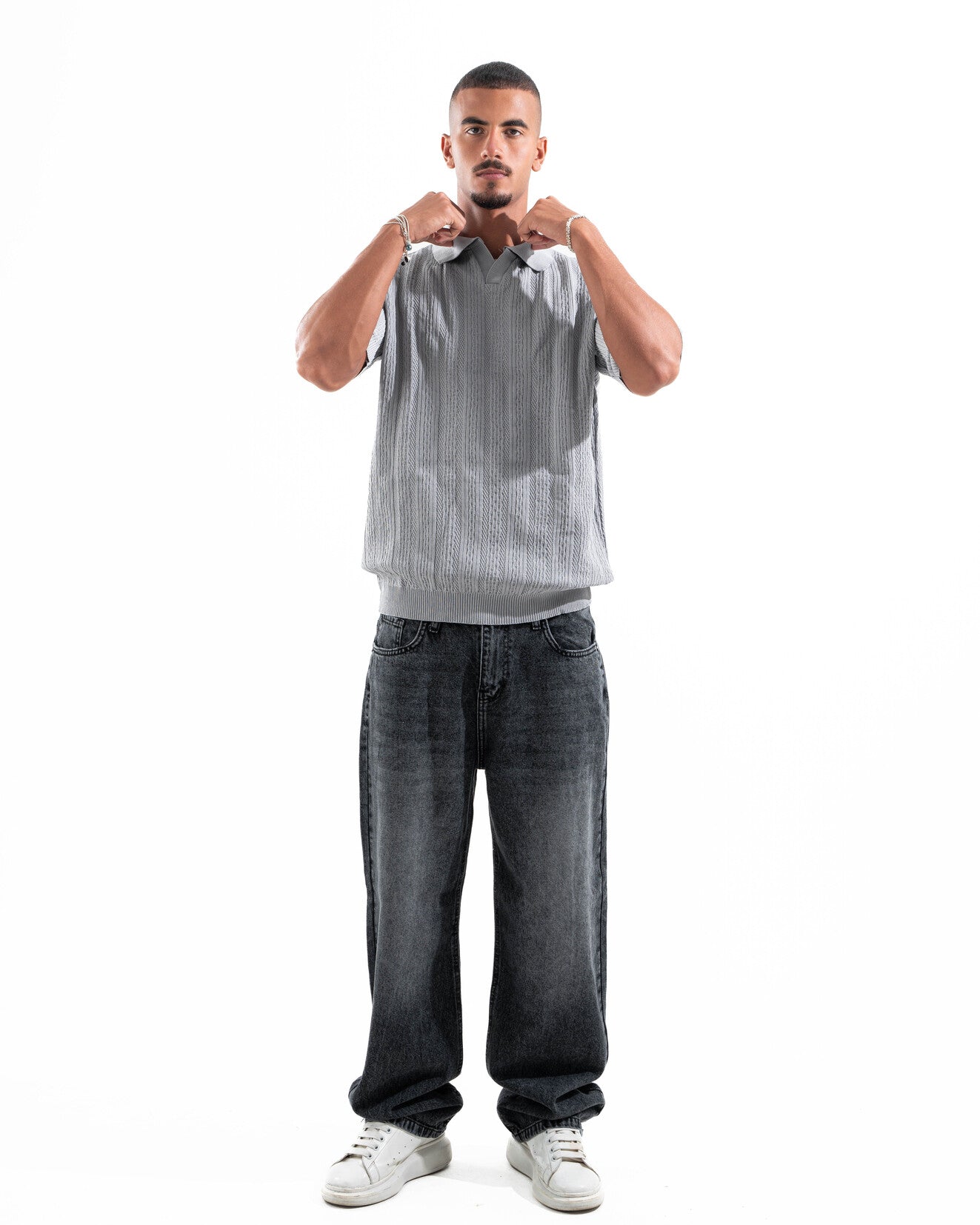 Grey Patterned Knit Polo