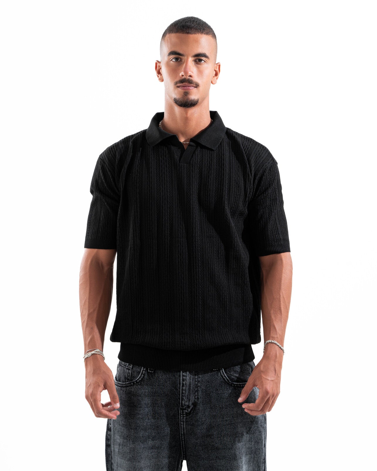 Black Patterned Knit Polo
