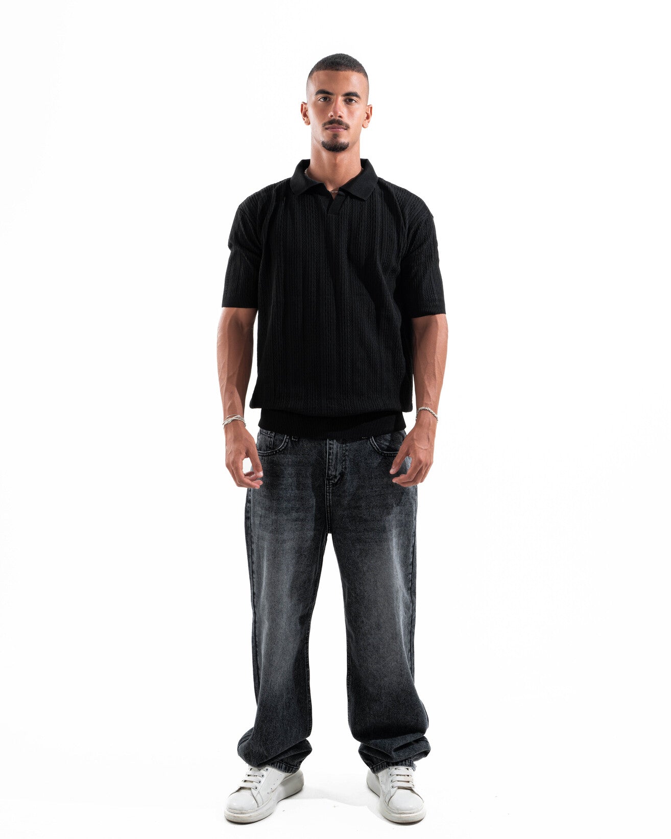 Black Patterned Knit Polo