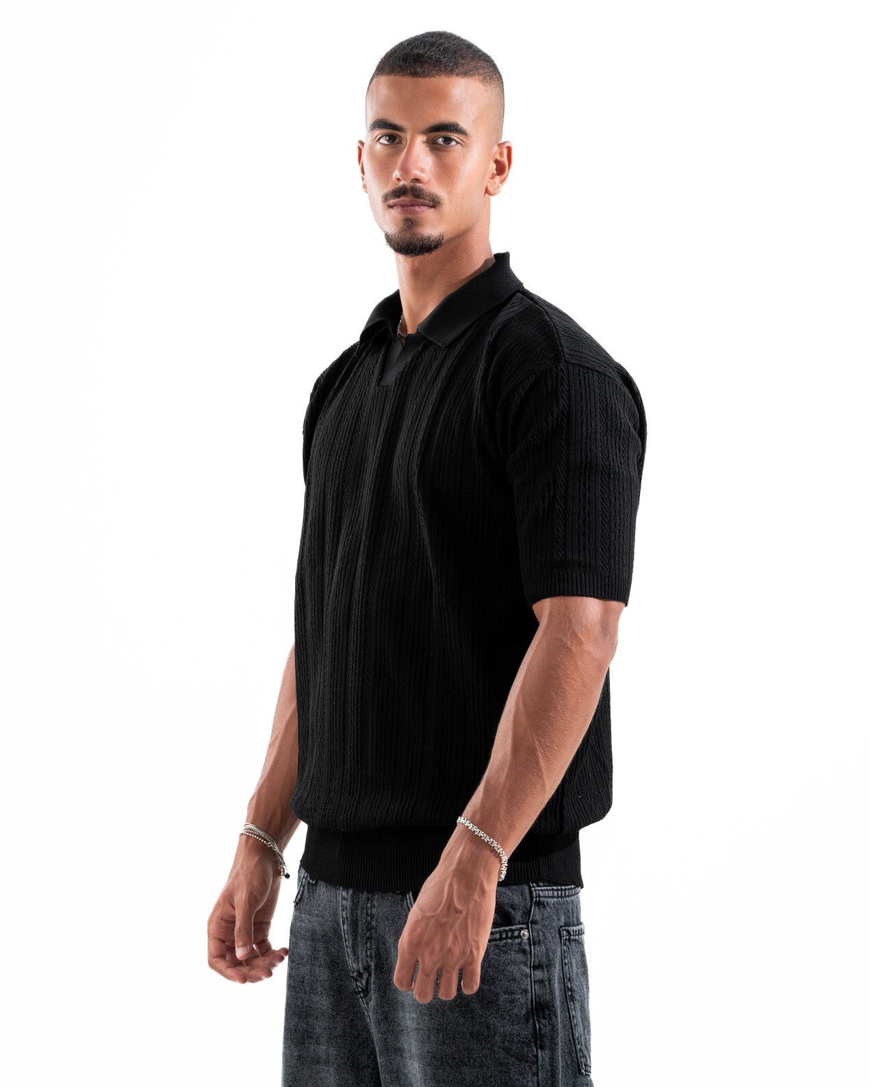 Black Patterned Knit Polo