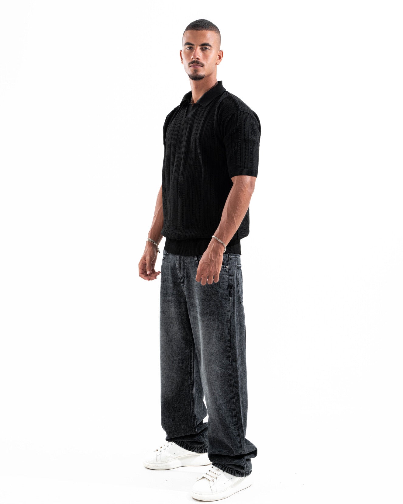 Black Patterned Knit Polo