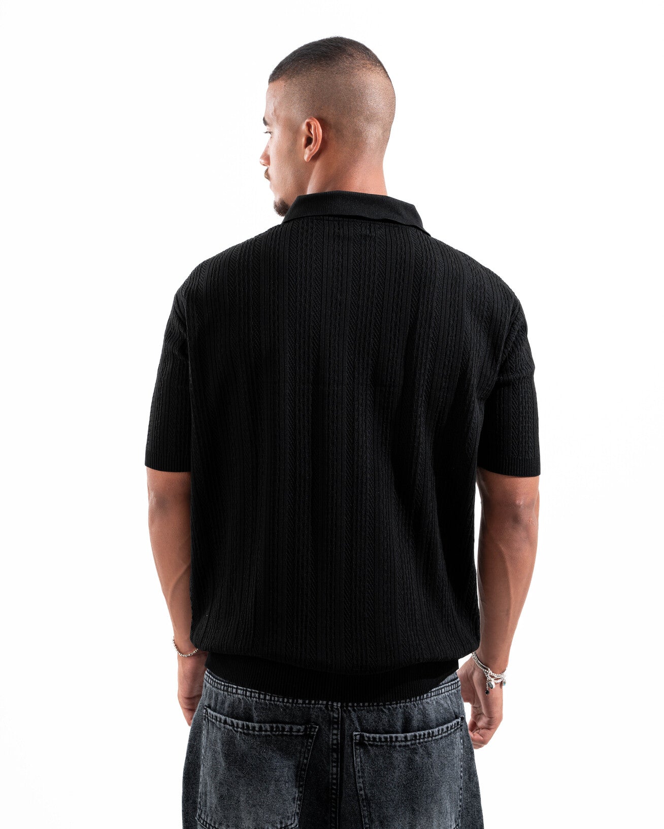 Black Patterned Knit Polo