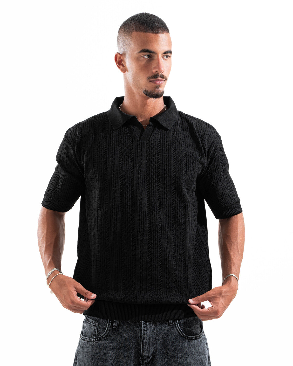 Black Patterned Knit Polo