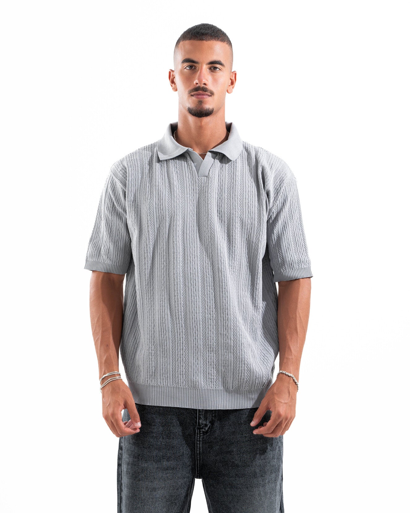 Grey Patterned Knit Polo