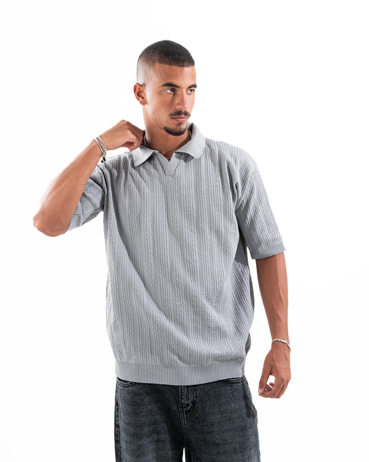 Grey Patterned Knit Polo