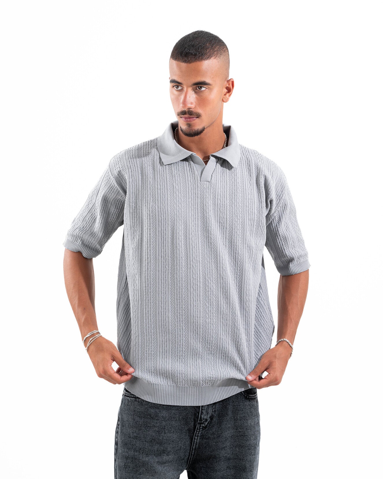 Grey Patterned Knit Polo