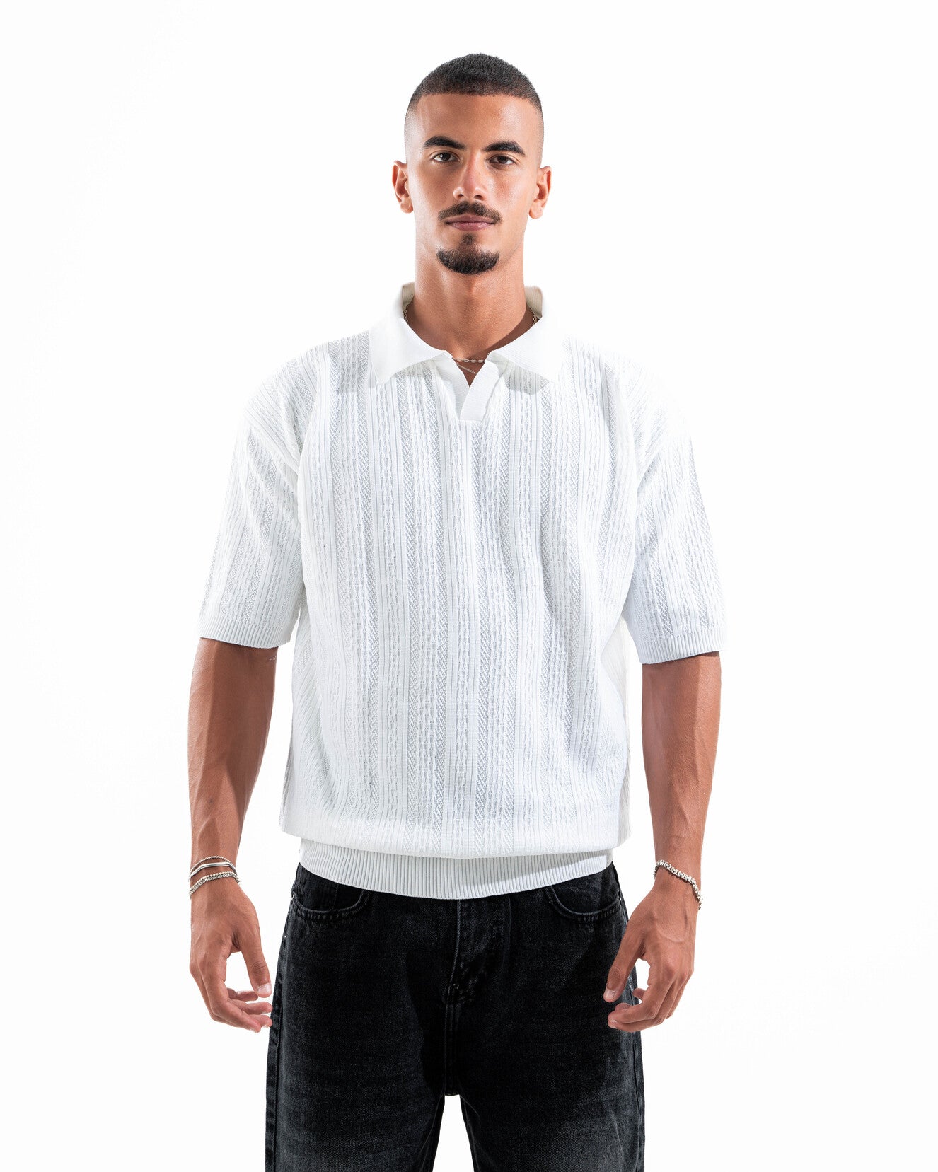 White Patterned Knit Polo