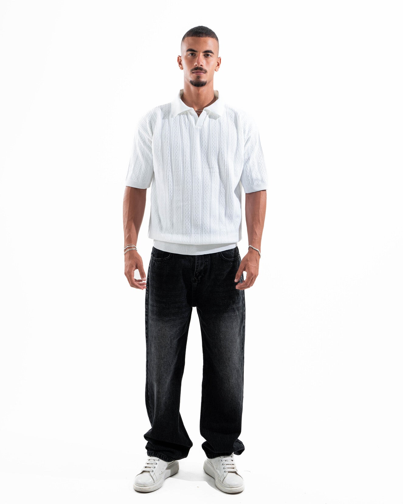 White Patterned Knit Polo