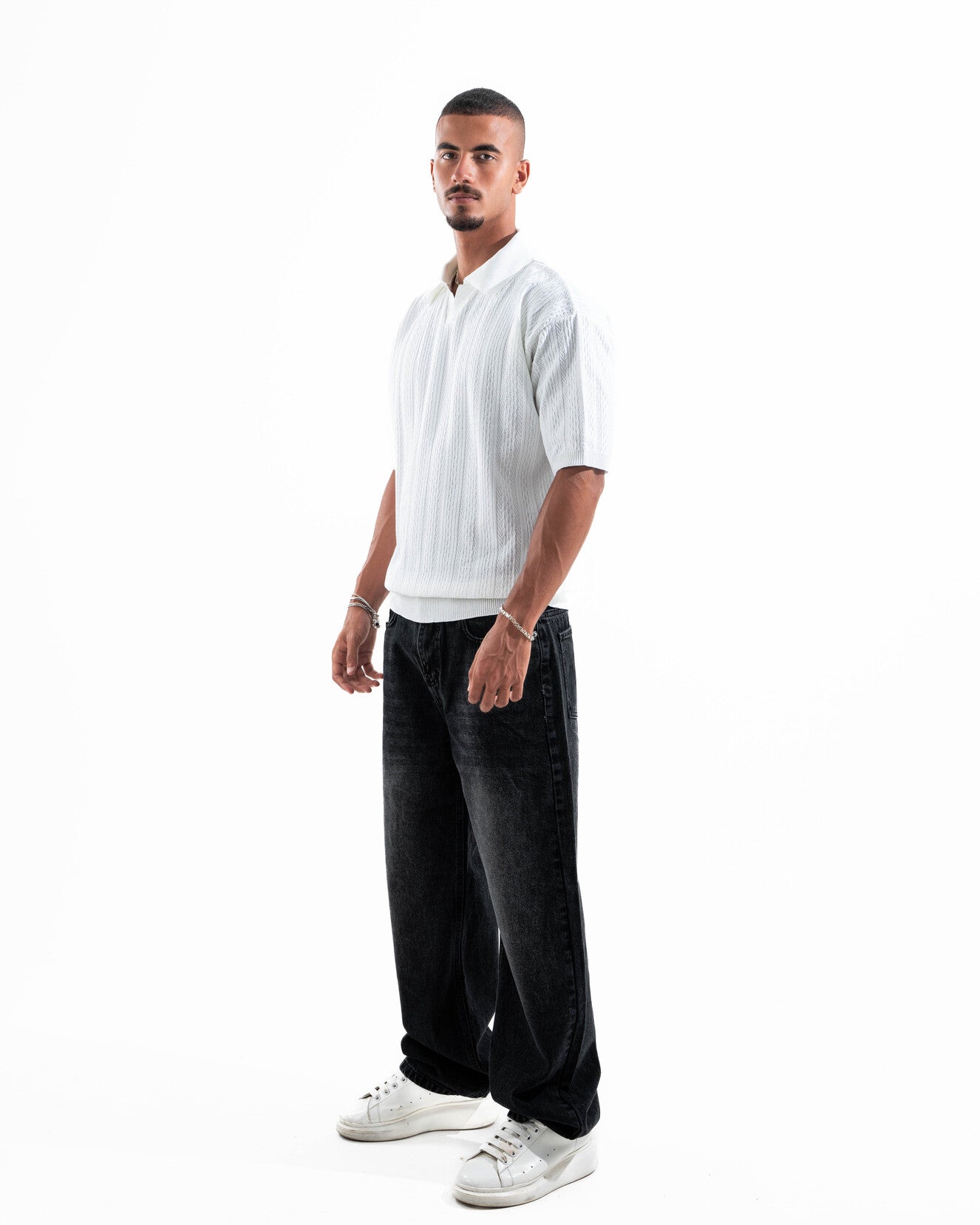 White Patterned Knit Polo